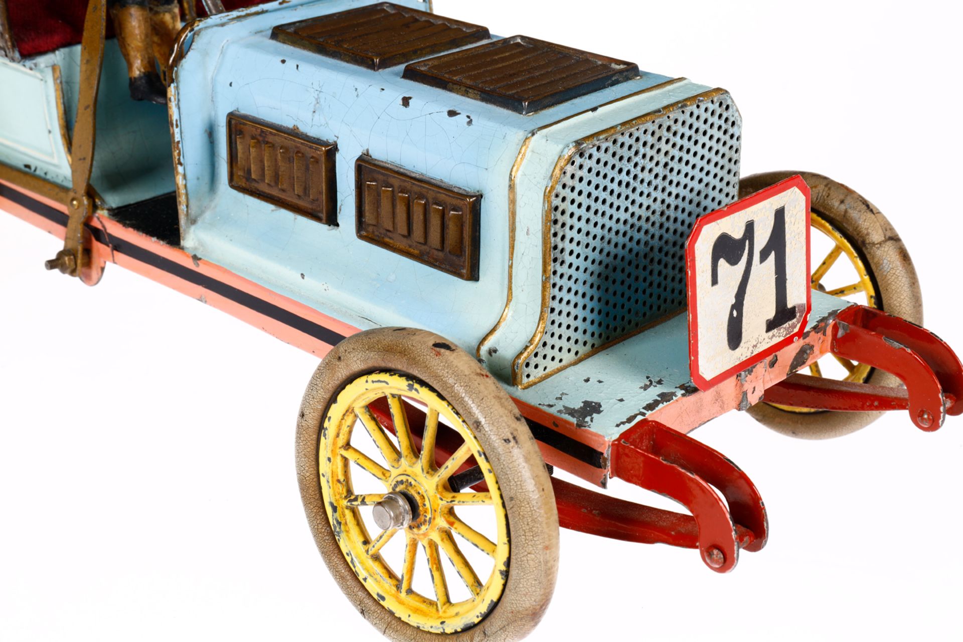 Bing Rennwagen Nr. 71, uralt, HL, mit Fahrerfigur, original gummibereift, Uhrwerk mit Bremse intakt, - Image 6 of 8