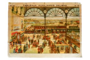 Lehrmittelplakat ”Tableaux auxiliaires Delmas Nr. 12”, G. Delmas editor Bordeaux, Bahnhofszenerie,