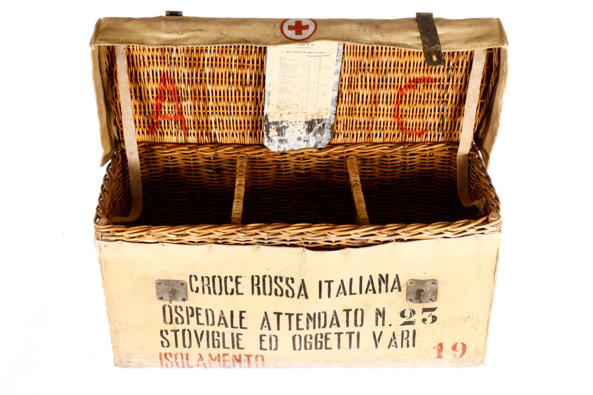Alter Rot-Kreuz-Koffer, Italien, Nr. 23, Korbgeflecht mit imprägniertem Leinenüberzug, mit 3 Fächern - Image 3 of 3