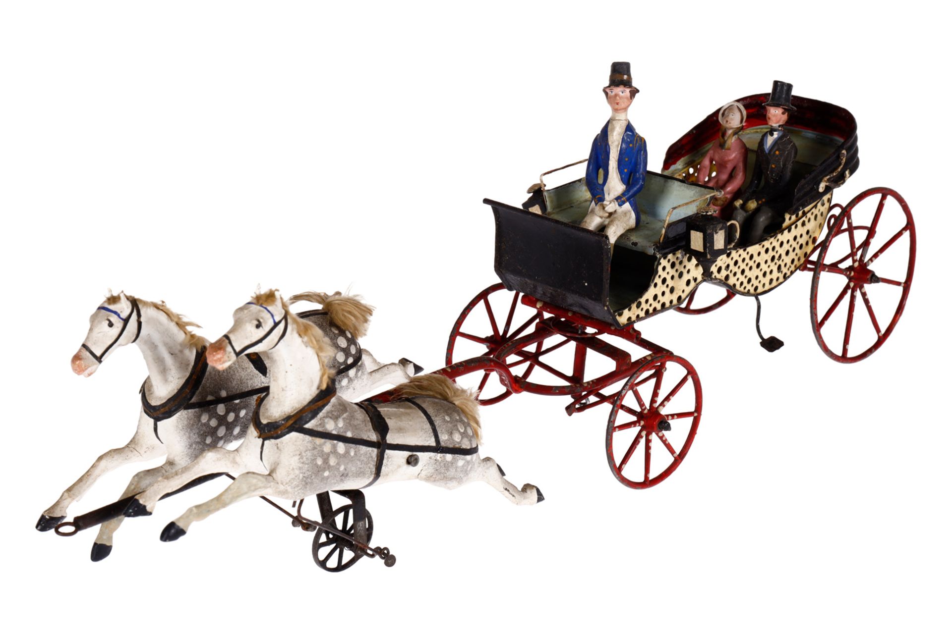 Büchner Landaulet mit offenem Verdeck, mit beweglichem Pferdegespann, Laternen und 3 Original-