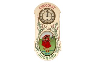 Wanduhr ”Cacao Suchard”, um 1900, als Werbeuhr, mit Hinterglasbild, Pendel und Schlüssel, Alterungs-