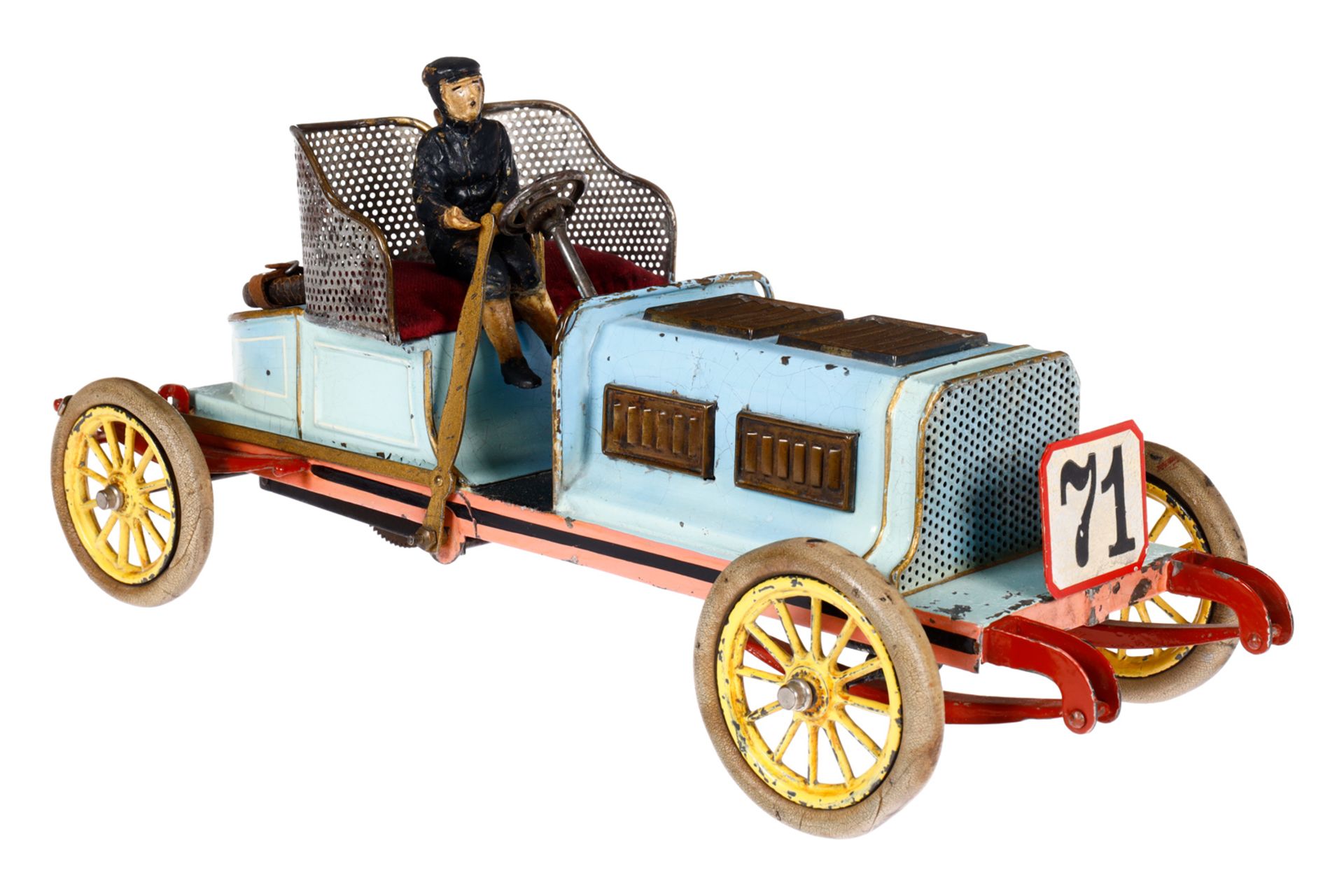 Bing Rennwagen Nr. 71, uralt, HL, mit Fahrerfigur, original gummibereift, Uhrwerk mit Bremse intakt,