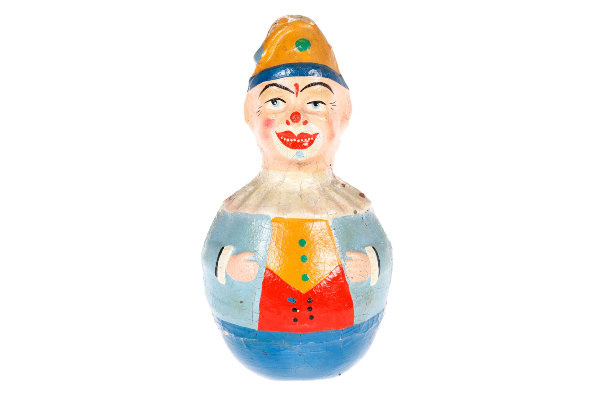 Stehauf-Männchen, Clown, Pappe, bemalt, Alterungsspuren, leicht rissig, H 25 cm, noch Z 2.