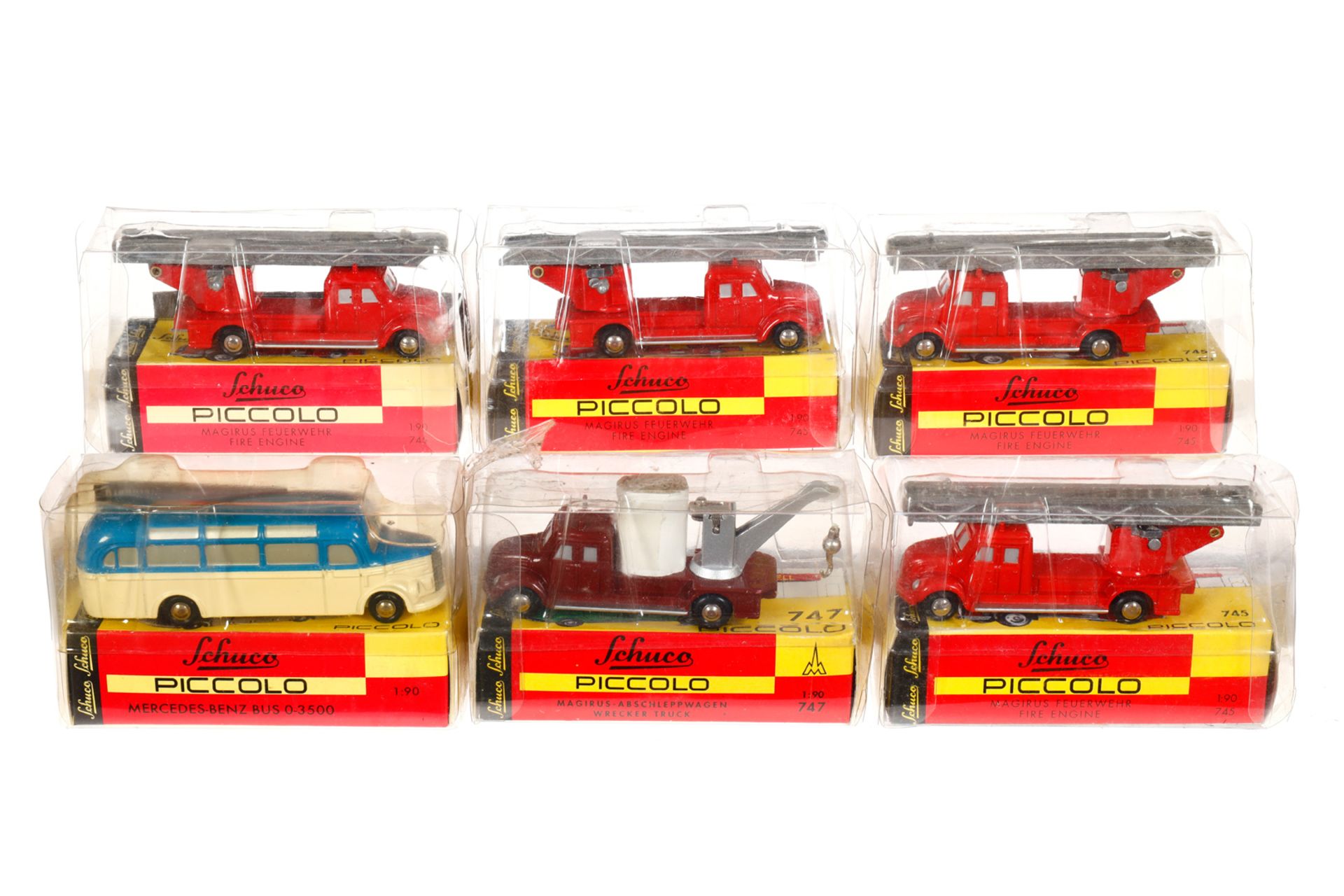 Konv. 4 SCHUCO Piccolo Feuerwehr-Wagen 745, Mercedes-Benz Bus 0-3500 und 747 Magirus-Abschleppwagen,