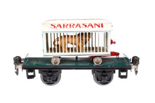 MÄRKLIN Plattformwagen 1983, Spur 0, HL, mit Sarrasani Tierwagen und Löwe, Dach leicht gealterter