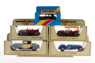 5 Matchbox Modelle MB 44, Y-2, Y-3, Y-9 und Y-24, Alterungsspuren, je im OK, Z 2-3