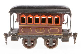 Märklin Durchgangswagen 1807, Spur 1, uralt, HL, mit 2 Sitzbänken, 2 AT und Gussrädern, Kupplungen
