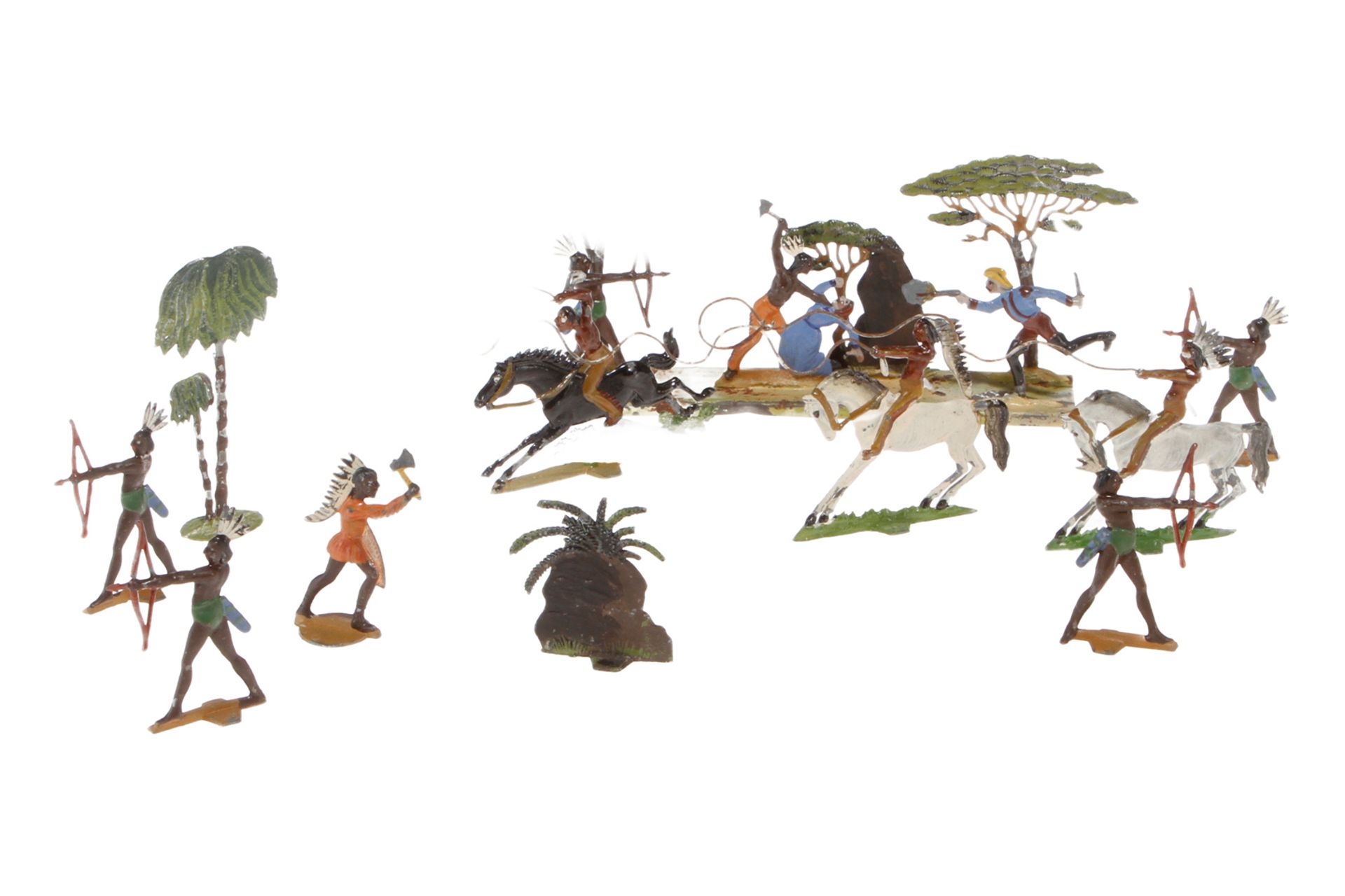 Heinrichsen Zinn-Szene, kämpfende Indianer, 3 zu Pferd mit Lasso, bemalt, H 5, Z 2-3