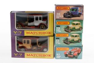 6 Matchbox Modelle 38, 47, 2x 73 und 2x Y-7, Alterungsspuren, je im tw besch. OK, Z 2-3