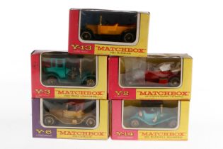 5 Matchbox Modelle Y-2, Y-3, Y-6, Y-13 und Y-14, Alterungsspuren, je im tw besch. OK, Z 2-3