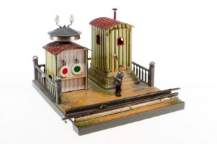 Märklin Streckenhaus mit Läutebude, uralt, HL, Uhrwerk zäh, LS tw ausgeb., stark gealterter Lack,