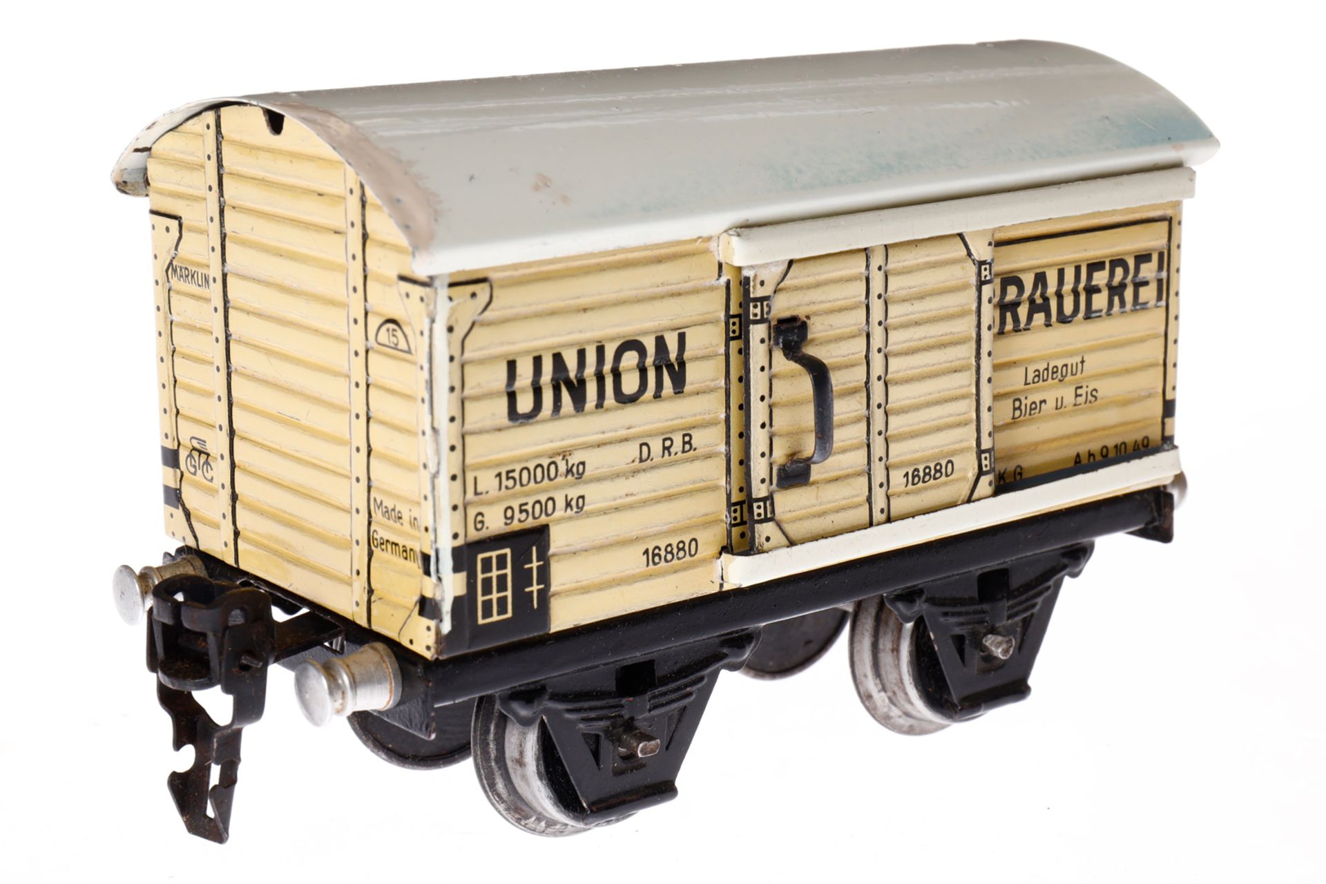 Märklin Union Bierwagen 1688, Spur 0, CL, mit 1 ST, LS am Dach ausgeb., gealterter Lack, L 13, im tw - Image 2 of 5