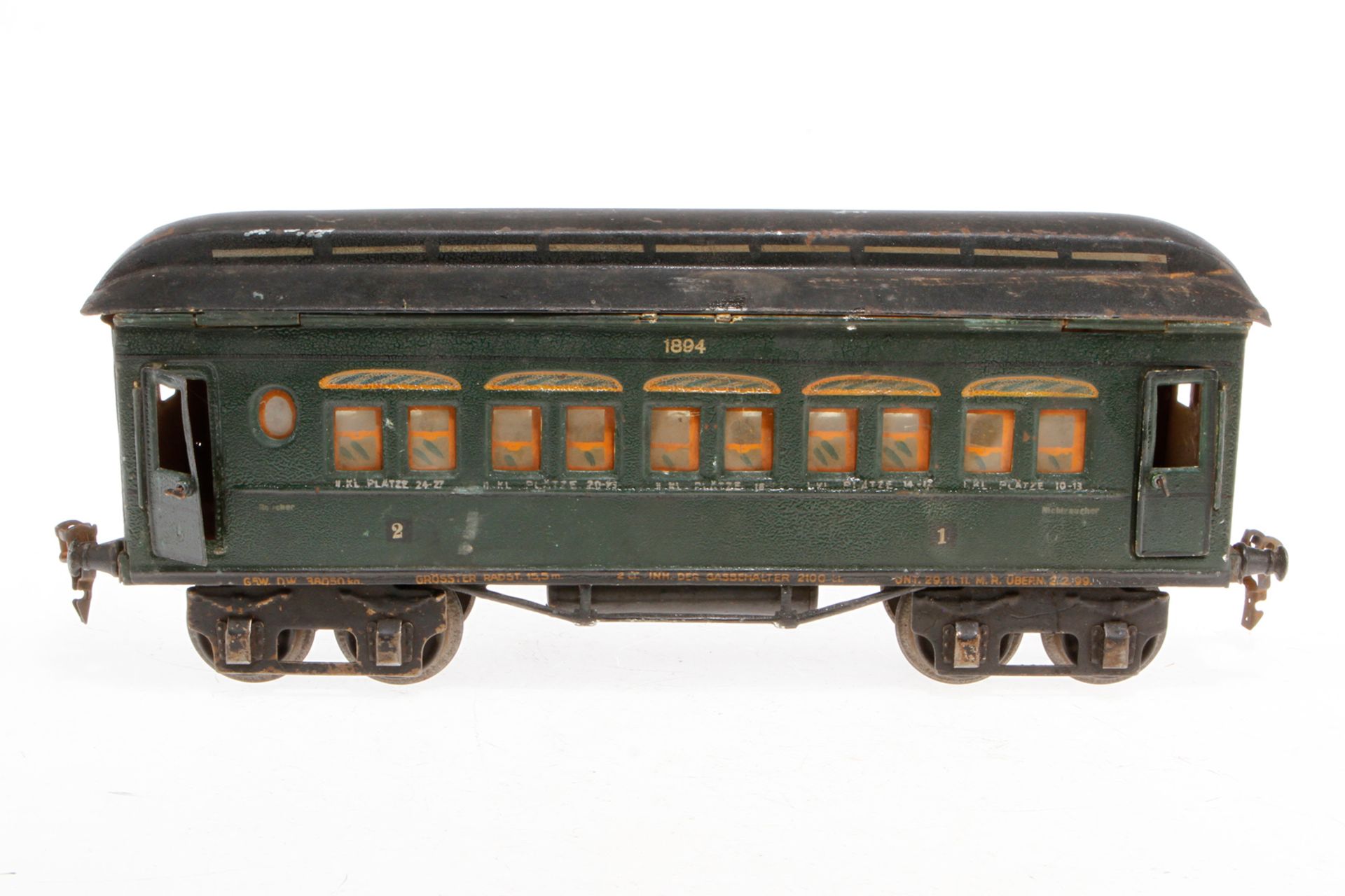 Märklin Personenwagen 1894, Spur 1, HL, mit 4 AT, ohne Einrichtung, LS und stark gealterter Lack,