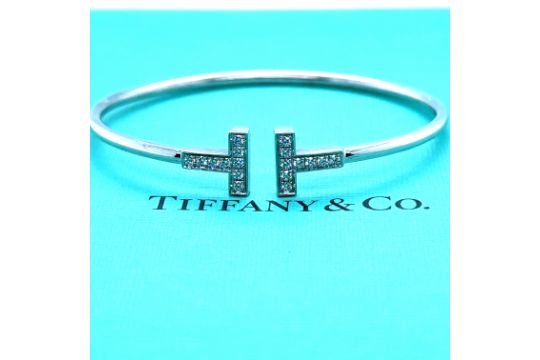 Tiffany & Co 18ct White Gold Diamond T Wire Bracelet 0.30ct - Image 5 of 6