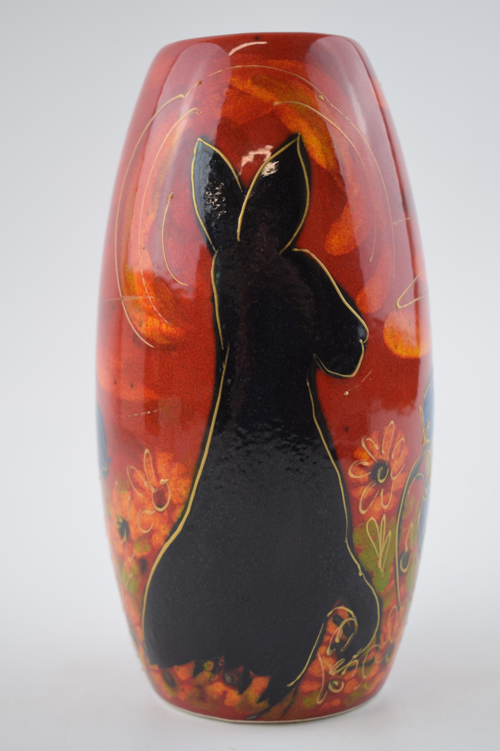 Anita Harris Art Pottery skittle vase, decorated with a hare silhouette, 18cm tall, signed by Anita.