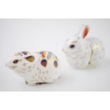 Boxed Royal Crown Derby paperweights Bank Vole and a Bunny, with gold stoppers (2). In good