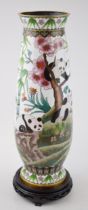 Large 20th century Chinese cloisonne vase decorated with pandas amongst bamboo, on a carved wooden