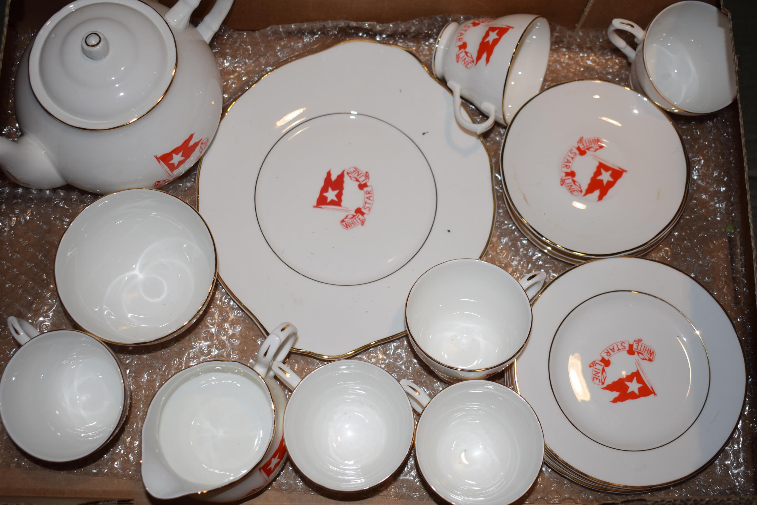 Claytondale tea set with 'White Star Line' decoration to include a teapot, milk and sugar with trios