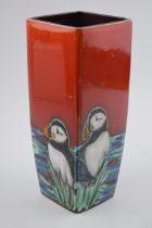 Anita Harris Art Pottery large square vase, decorated with a Puffin, 25.5cm tall, signed by Sam.
