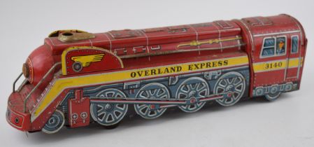 Overland Express vintage tin train engine locomotive. Made in Japan by Modern Toys. Length 42cm In