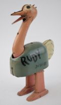 Debeck 'RUDY' Ostrich vintage litho printed clockwork tin toy. Based on the character from the