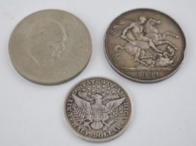 A 1894 silver crown coin, weight 28.2 grams, a 1900 half dollar, weight 12.6 grams together with a