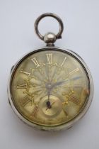 19th century silver pocket watch with blued hands and yellow coloured Roman numerals, 55mm wide (