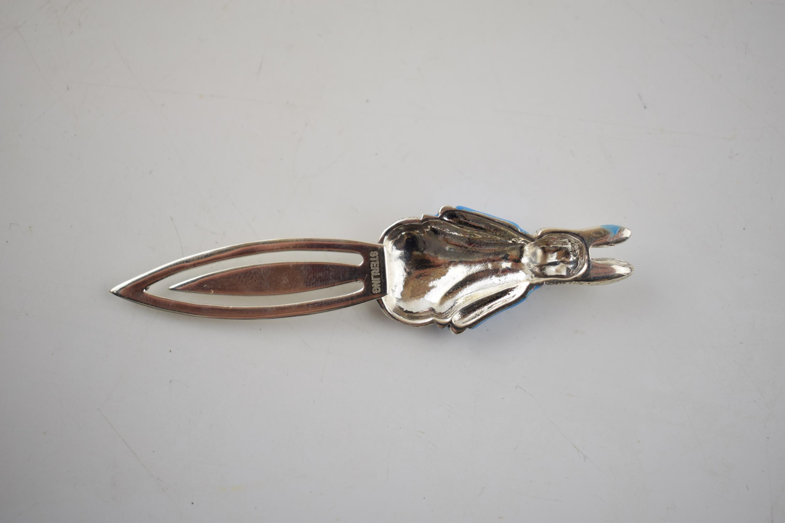 Sterling silver bookmark in the form of Peter Rabbit, with blue enamel jacket, 7.7 grams, 7.5cm - Image 3 of 3