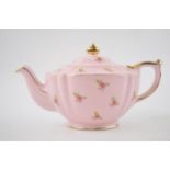 Sadler shaped teapot decorated with pink roses with gilt highlights. In good condition with no