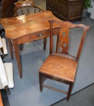 Early to mid 19th century oak side table with shaped top and single drawer with brass handle,