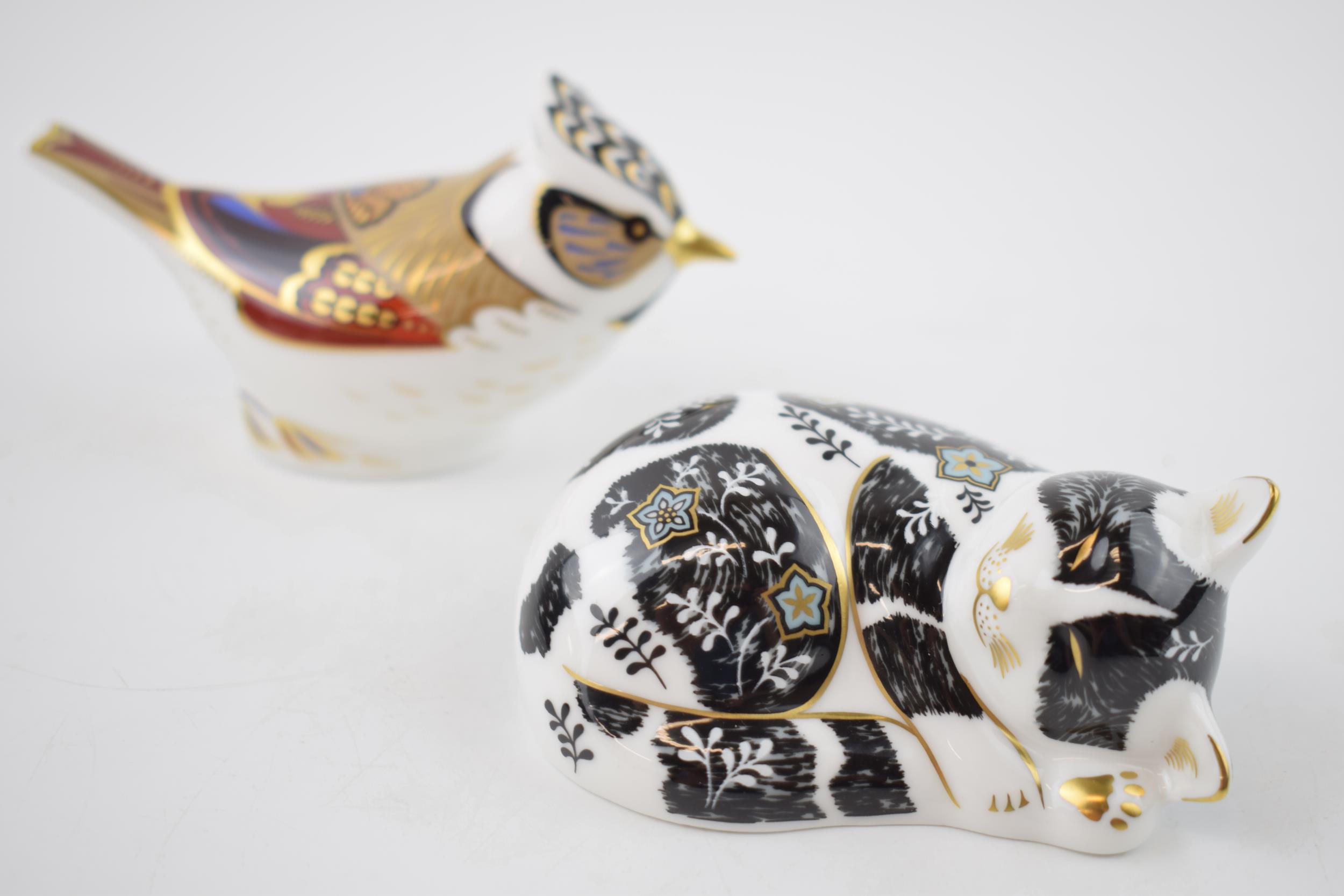 Boxed Royal Crown Derby paperweights to include a Crested Tit and Misty the Kitten, with gold