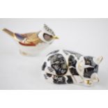 Boxed Royal Crown Derby paperweights to include a Crested Tit and Misty the Kitten, with gold