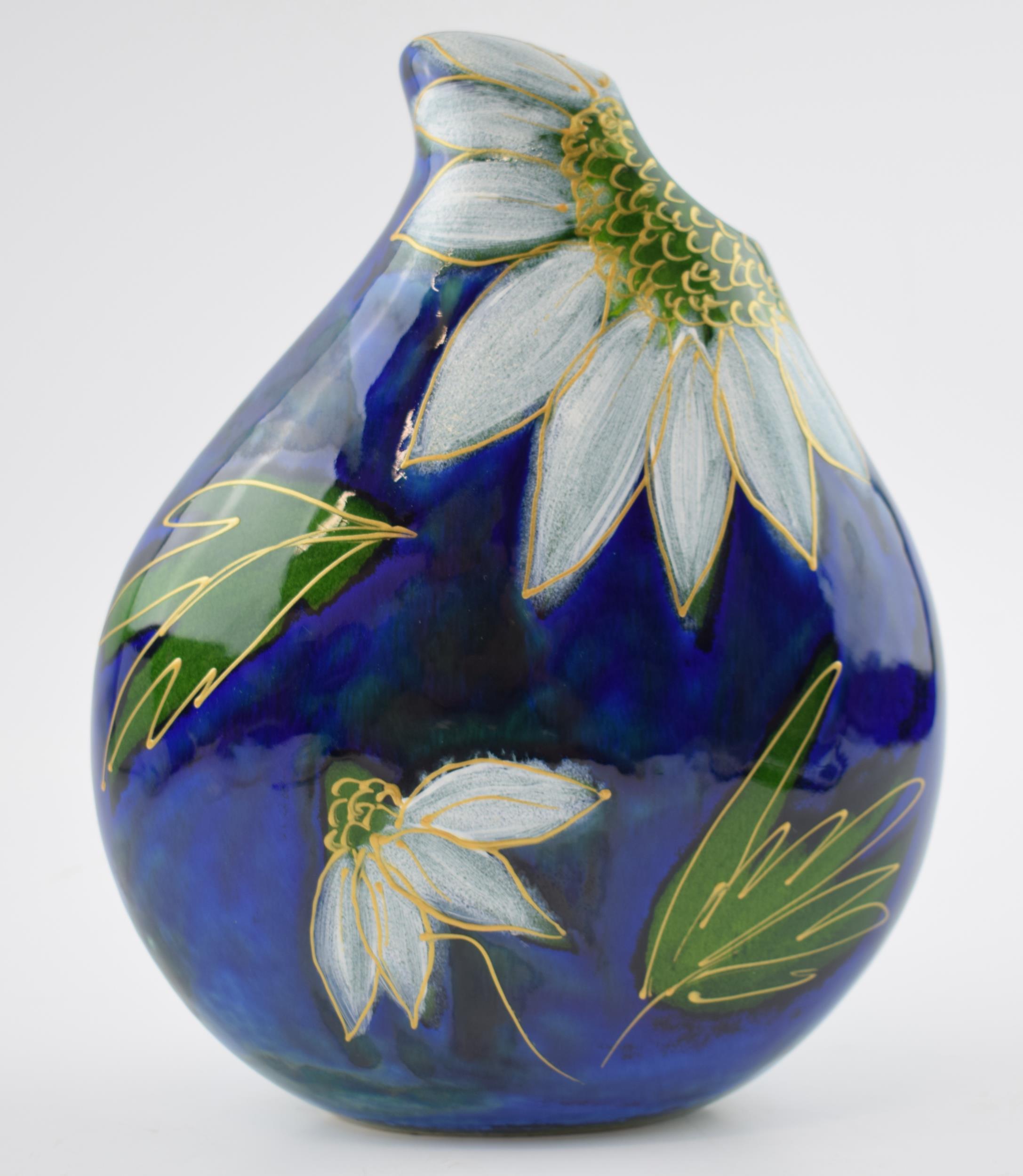Early Anita Harris Art Pottery teardrop vase, decorated with a blue and green floral scene, 22cm