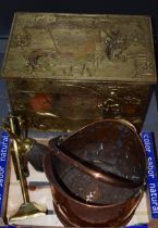 A good collection of Victorian and later metalware to include copper kettles, a hammered copper coal