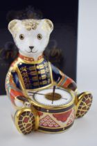 Royal Crown Derby paperweight, Drummer Teddy, 11cm high, designed by John Ablitt, gold stopper and