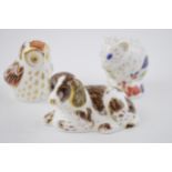 Boxed Royal Crown Derby paperweights to include an Owlet, Scruff the Puppy and a Derby Dormouse,