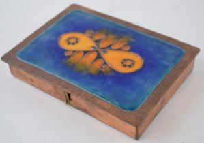 Danish mid century hammered copper box with enamelled modernist decoration, 16cm x 12cm.