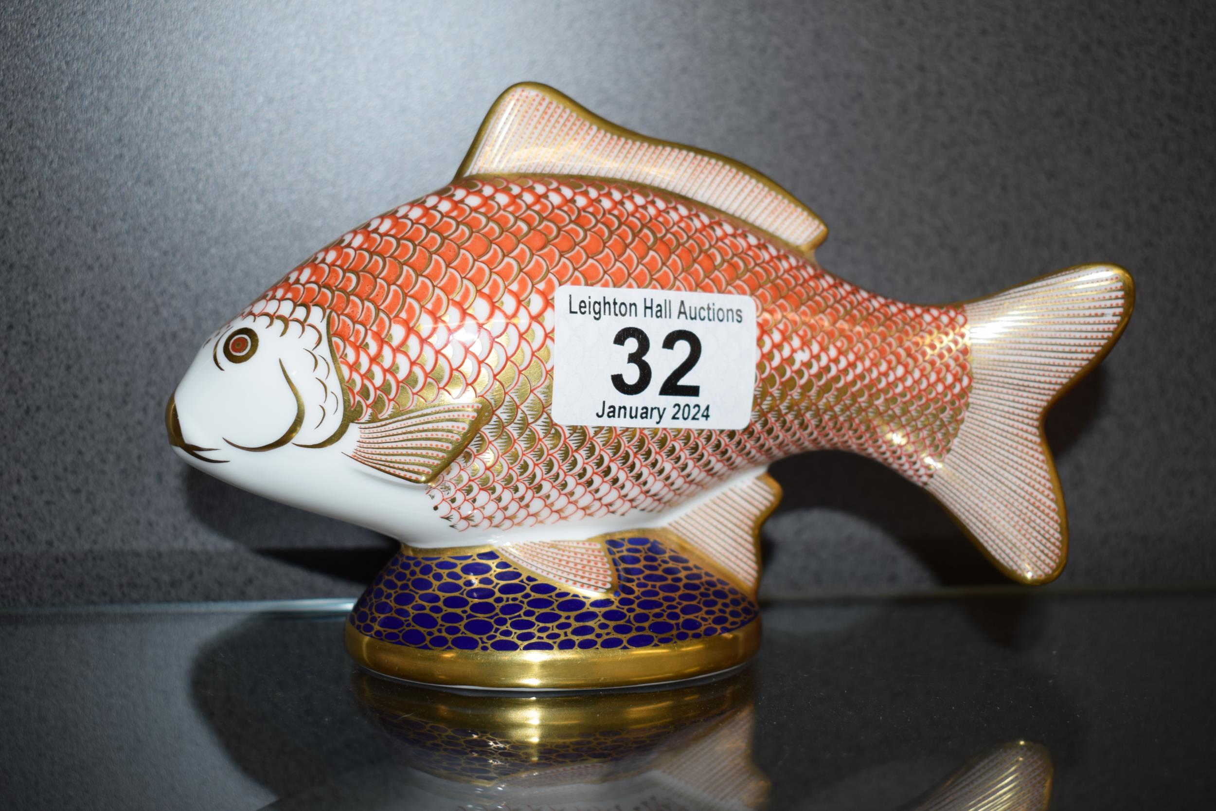 Royal Crown Derby paperweight, Golden Carp with gold stopper and red Royal Crown Derby stamp on