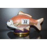 Royal Crown Derby paperweight, Golden Carp with gold stopper and red Royal Crown Derby stamp on