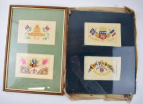 Four WWI silk embroidered postcards in frames. To invclude Royal Garrison Artillery, Souvenir de