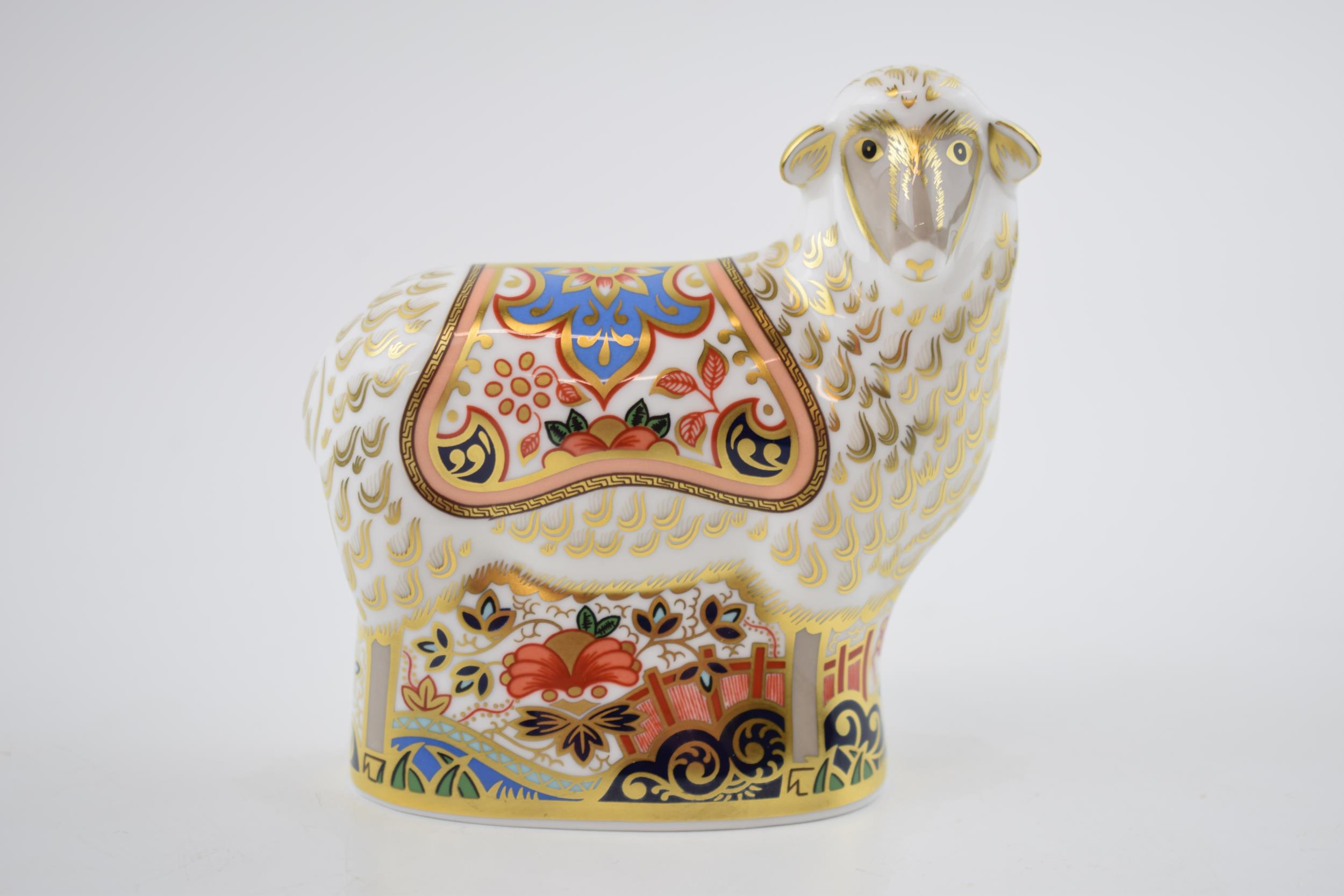 Boxed Royal Crown Derby paperweight Imari Ewe, with gold stopper. In good condition with no