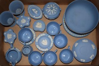 A collection of Wedgwood Jasperware to include six cups and saucers, sugar bowl and 8" sacrifice
