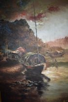 Henry Leung (20th century)'Beached Sampans', signed, oil on canvas, 90cm x 59.5cm exc frame.