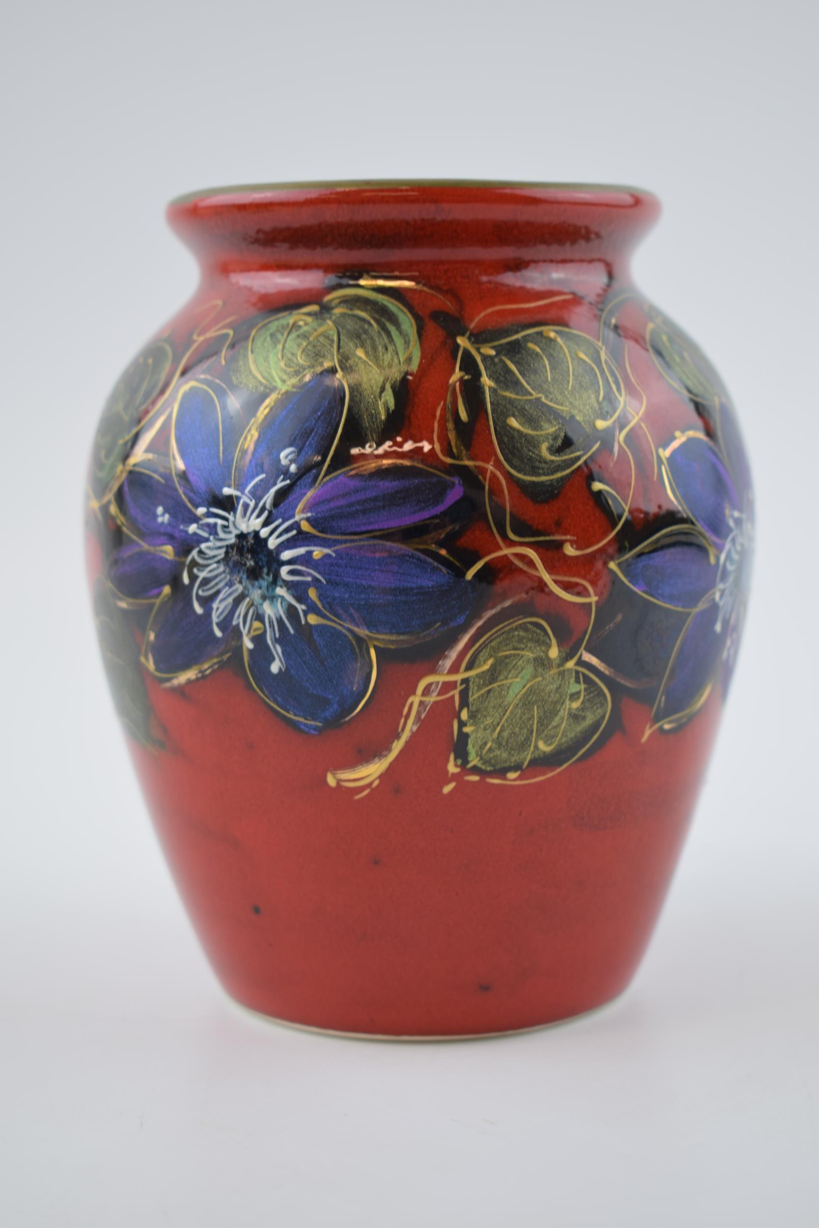 Anita Harris Art Pottery vase, decorated with a floral scene, 13.5cm tall, signed by Anita. In