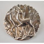 Sterling silver brooch with stylized deer decoration, in the style of Jensen, 11.4 grams, 42mm tall.