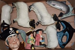 Pottery to include a large Royal Doulton character jug, a Poole dolphin, an Aynsley salmon,