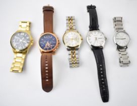 A collection of gentleman’s fashion watches to include Armani, Rossini, DKNY, Accurist and Guess. (