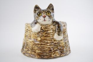 Winstanley pottery cat peaking out of a basket, 18.5cm wide. In good condition with no obvious
