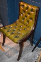 Vintage chesterfield button back single chair in green leather. Height 86cm, width 54cm, height of