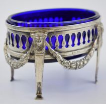 Late 19th century silver 800 ornate pedestal dish with Bristol blue glass liner, silver weight 142.6